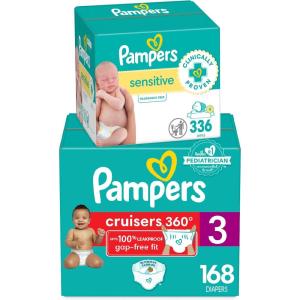 imageDiapers Size 7 88 Count and Baby Wipes  Pampers Pull On Cruisers 360 Fit Baby Diapers with Stretchy Waistband ONE MONTH SUPPLY with Sensitive Wipes 6X PopTops 336 Count Packaging May VarySize 3 Pack of 336