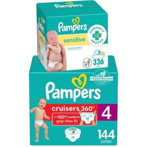 imageDiapers Size 7 88 Count and Baby Wipes  Pampers Pull On Cruisers 360 Fit Baby Diapers with Stretchy Waistband ONE MONTH SUPPLY with Sensitive Wipes 6X PopTops 336 Count Packaging May VarySize 4 Pack of 336