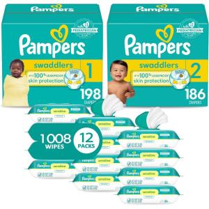 imagePampers Baby Diapers and Wipes Starter Kit Swaddlers Disposable Sizes 1 198 Count ampamp 2 186 Count with Sensitive Water Based 12X Multi Pack PopTop Refill 1008 Count