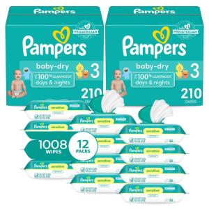 imagePampers Baby Dry Disposable Baby Diapers Size 6 2 Month Supply 2 x 144 Count with Sensitive Water Based Baby Wipes 12X Multi Pack PopTop and Refill 1008 CountSize 3