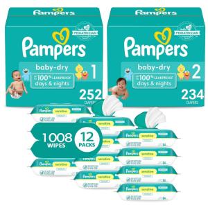 imagePampers Baby Dry Disposable Baby Diapers Size 6 2 Month Supply 2 x 144 Count with Sensitive Water Based Baby Wipes 12X Multi Pack PopTop and Refill 1008 CountSize 1  2