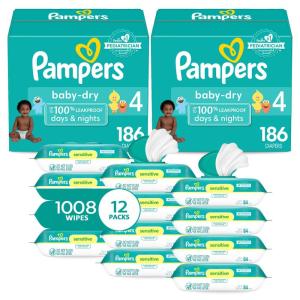 imagePampers Baby Dry Disposable Baby Diapers Size 6 2 Month Supply 2 x 144 Count with Sensitive Water Based Baby Wipes 12X Multi Pack PopTop and Refill 1008 CountSize 4