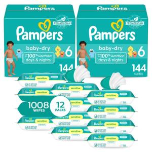 imagePampers Baby Dry Disposable Baby Diapers Size 6 2 Month Supply 2 x 144 Count with Sensitive Water Based Baby Wipes 12X Multi Pack PopTop and Refill 1008 CountSize 6