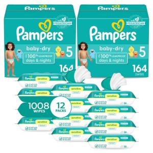 imagePampers Baby Dry Disposable Baby Diapers Size 6 2 Month Supply 2 x 144 Count with Sensitive Water Based Baby Wipes 12X Multi Pack PopTop and Refill 1008 CountSize 5