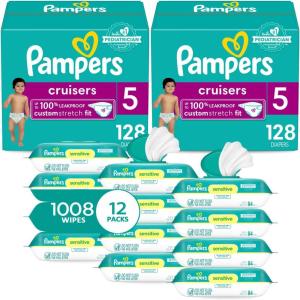 imagePampers Cruisers Disposable Baby Diapers Size 5 2 Month Supply 2 x 128 Count with Sensitive Water Based Baby Wipes 12X Multi Pack PopTop and Refill 1008 Count