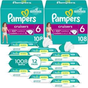 imagePampers Cruisers Disposable Baby Diapers Size 6 2 Month Supply 2 x 108 Count with Sensitive Water Based Baby Wipes 12X Multi Pack PopTop and Refill 1008 Count