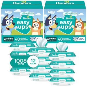 imagePampers Easy Ups Pull On Training Underwear Boys 4T5T 2 Month Supply 2 x 104 Count with Sensitive Water Based Baby Wipes 12X Multi Pack PopTop and Refill 1008 CountSize 6T7T
