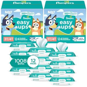 imagePampers Easy Ups Pull On Training Underwear Boys 4T5T 2 Month Supply 2 x 104 Count with Sensitive Water Based Baby Wipes 12X Multi Pack PopTop and Refill 1008 CountSize 3T4T
