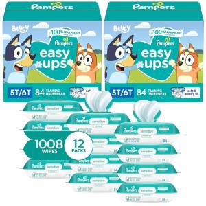imagePampers Easy Ups Pull On Training Underwear Boys 4T5T 2 Month Supply 2 x 104 Count with Sensitive Water Based Baby Wipes 12X Multi Pack PopTop and Refill 1008 CountSize 5T6T