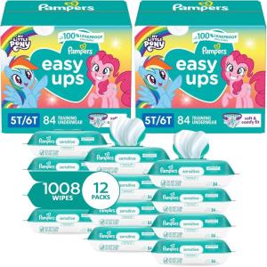 imagePampers Easy Ups Pull On Training Underwear Girls 2T3T 2 Month Supply 2 x 140 Count with Sensitive Water Based Baby Wipes 12X Multi Pack PopTop and Refill 1008 CountSize 5T6T
