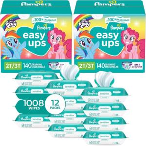 imagePampers Easy Ups Pull On Training Underwear Girls 2T3T 2 Month Supply 2 x 140 Count with Sensitive Water Based Baby Wipes 12X Multi Pack PopTop and Refill 1008 CountSize 2T3T