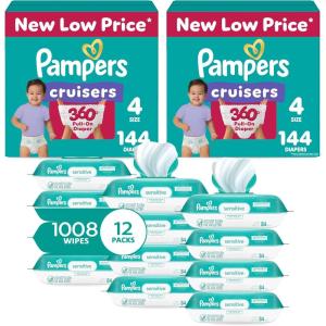 imagePampers Pull On Cruisers 360 Fit Disposable Baby Diapers Size 7 2 Months Supply 2 x 88 Count with Sensitive Water Based Baby Wipes 12X Multi Pack PopTop and Refill 1008 CountSize 4
