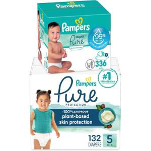 imagePampers Pure Protection Disposable Baby Diapers Size 5 132 Count with Aqua Pure Baby Wipes 6X PopTop Packs 336 CountSize 5