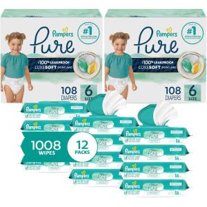 imagePampers Pure Protection Disposable Baby Diapers Size 6 2 Month Supply 2 x 108 Count with Aqua Pure Sensitive Baby Wipes 12X PopTop Packs 672 CountSize 6