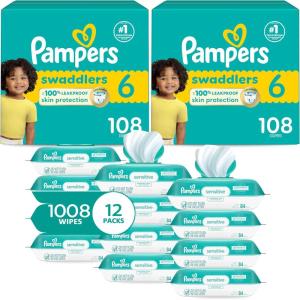 imagePampers Swaddlers Disposable Baby Diapers Size 6 2 Month Supply 2 x 108 Count with Sensitive Water Based Baby Wipes 12X Multi Pack PopTop and Refill 1008 CountSize 6
