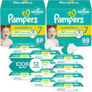 imagePampers Swaddlers Disposable Baby Diapers Size 6 2 Month Supply 2 x 108 Count with Sensitive Water Based Baby Wipes 12X Multi Pack PopTop and Refill 1008 CountSize 7