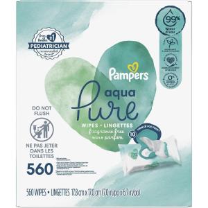 imagePampers Baby Wipes Aqua Pure 99 waterbased wipes Hypoallergenic and Unscented Baby Wipes 672 Wipes Total 12 FlipTop Packs56 Count Pack of 10