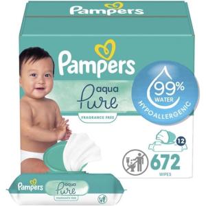 imagePampers Baby Wipes Aqua Pure 99 waterbased wipes Hypoallergenic and Unscented Baby Wipes 672 Wipes Total 12 FlipTop Packs56 Count Pack of 12