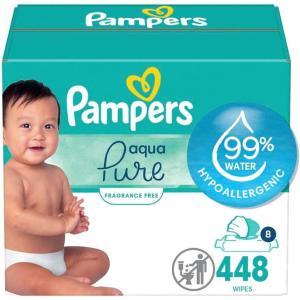 imagePampers Baby Wipes Aqua Pure 99 waterbased wipes Hypoallergenic and Unscented Baby Wipes 672 Wipes Total 12 FlipTop Packs56 Count Pack of 8