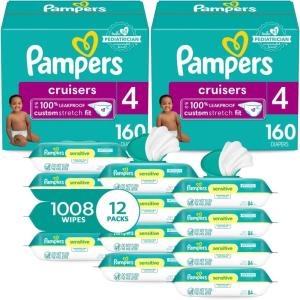 imagePampers Cruisers Disposable Baby Diapers Size 4 2 Month Supply 2 x 160 Count with Sensitive Water Based Baby Wipes 12X Multi Pack PopTop and Refill 1008 Count