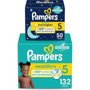 imagePampers Disposable Diapers Size 5 Swaddlers 132 Count  Overnight 50 Count