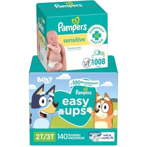 imagePampers Easy Ups Bluey Pull On Training Pants Boys and Girls 2T3T 140 Count with Sensitive Water Based Baby Wipes 12 FlipTop Packs 1008 Wipes Total