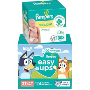 imagePampers Easy Ups Bluey Pull On Training Pants Boys and Girls 3T4T 124 Count with Sensitive Water Based Baby Wipes 12 FlipTop Packs 1008 Wipes Total