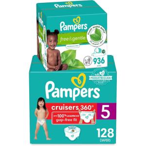 imagePampers Pull On Cruisers 360 Fit Disposable Baby Diapers Size 4 One Month Supply 144 Count with Free ampamp Gentle Baby Wipes 12 FlipTop Packs 936 Wipes TotalSize 5