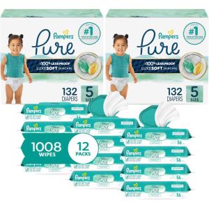 imagePampers Pure Protection Disposable Baby Diapers Size 3 2 Month Supply 2 x 168 Count with Aqua Pure Sensitive Baby Wipes 12X PopTop Packs 672 CountSize 5