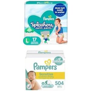 imagePampers Splashers Swim Diapers  Size L 17 Count GapFree Disposable Baby Swim Pants  Pampers Sensitive Baby Wipes Water Based Hypoallergenic and Unscented 6 FlipTop Packs 504 Wipes Total