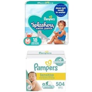 imagePampers Splashers Swim Diapers  Size M 18 Count GapFree Disposable Baby Swim Pants  Pampers Sensitive Baby Wipes Water Based Hypoallergenic and Unscented 6 FlipTop Packs 504 Wipes Total